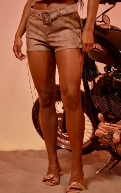 Clearance PrettyLittleThing Washed Faux Leather Lace Up Detail Buckle Hotpants Brown