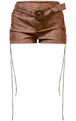 Clearance PrettyLittleThing Washed Faux Leather Lace Up Detail Buckle Hotpants Brown