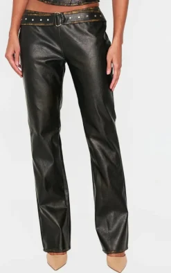 Outlet PrettyLittleThing Washed Faux Leather Belted Straight Leg Pant Brown