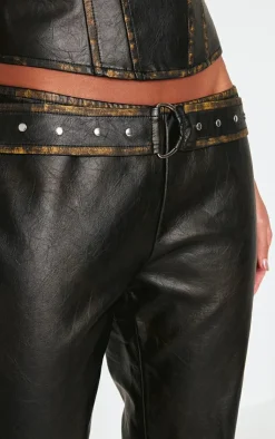 Outlet PrettyLittleThing Washed Faux Leather Belted Straight Leg Pant Brown