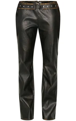 Outlet PrettyLittleThing Washed Faux Leather Belted Straight Leg Pant Brown