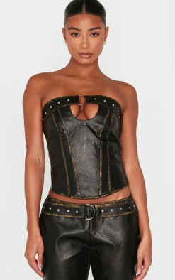 Outlet PrettyLittleThing Washed Faux Leather Belted Trim Corset Brown