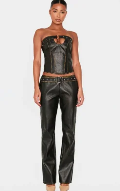 Outlet PrettyLittleThing Washed Faux Leather Belted Trim Corset Brown