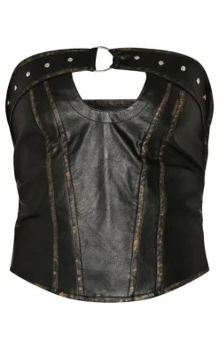 Outlet PrettyLittleThing Washed Faux Leather Belted Trim Corset Brown