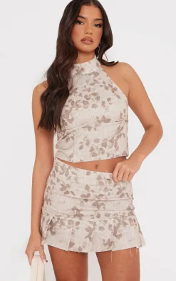 PrettyLittleThing Washed Floral Print Backless Halterneck Top Brown