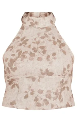PrettyLittleThing Washed Floral Print Backless Halterneck Top Brown