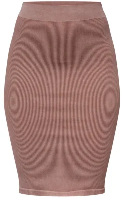 Online PrettyLittleThing Washed Snatched Rib Low Rise Midi Skirt Brown