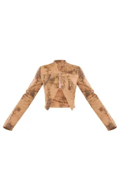 Discount PrettyLittleThing Washed Woven Zip Up Split Top Brown