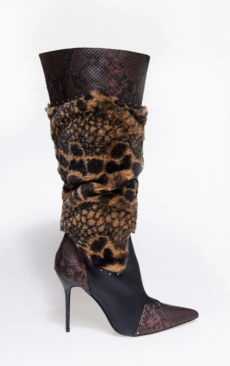 PrettyLittleThing Heeled Boots*Wide Fit Croc PU Faux Fur Point Toe Knee High Stiletto Heeled Boots