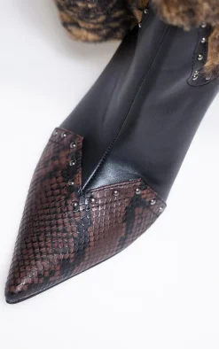 PrettyLittleThing Heeled Boots*Wide Fit Croc PU Faux Fur Point Toe Knee High Stiletto Heeled Boots