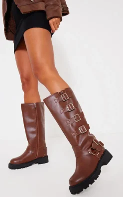 PrettyLittleThing Wide Fit Boots*Wide Fit PU Round Toe Multi Buckle Calf High Boots