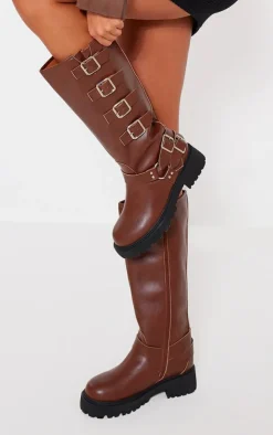 PrettyLittleThing Wide Fit Boots*Wide Fit PU Round Toe Multi Buckle Calf High Boots