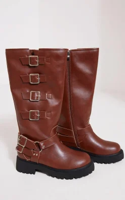 PrettyLittleThing Wide Fit Boots*Wide Fit PU Round Toe Multi Buckle Calf High Boots