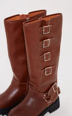 PrettyLittleThing Wide Fit Boots*Wide Fit PU Round Toe Multi Buckle Calf High Boots