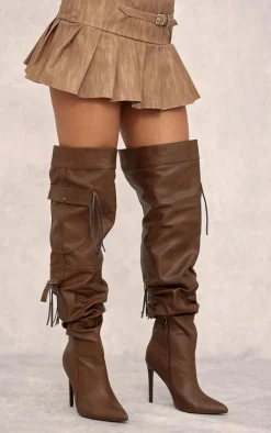 PrettyLittleThing Wide Fit Boots*Wide Fit PU Point Toe Utility Buckle Over The Knee Fringed Boots