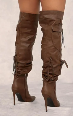 PrettyLittleThing Wide Fit Boots*Wide Fit PU Point Toe Utility Buckle Over The Knee Fringed Boots