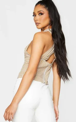 PrettyLittleThing Corsets*Woven Check Print Underbust Halterneck Cross Over Zip Corset
