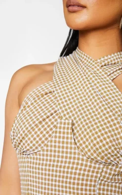PrettyLittleThing Corsets*Woven Check Print Underbust Halterneck Cross Over Zip Corset