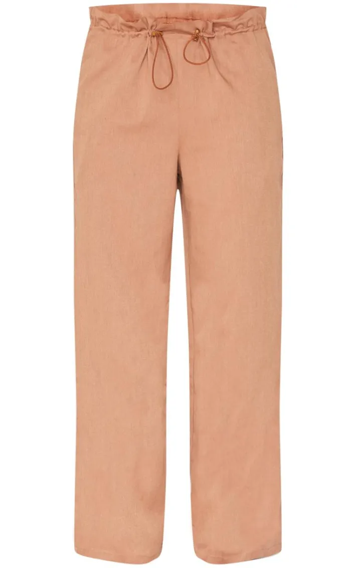 Brown Woven Drawstring Waistband Straight Leg Pants
