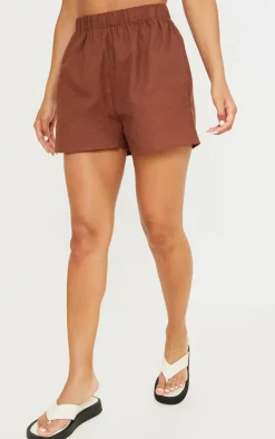 Sale PrettyLittleThing Woven Elastic Waist Floaty Shorts Brown