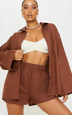 Sale PrettyLittleThing Woven Elastic Waist Floaty Shorts Brown