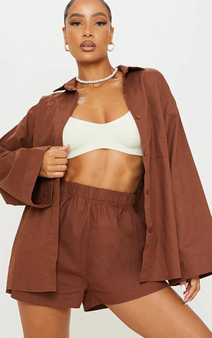 Sale PrettyLittleThing Woven Elastic Waist Floaty Shorts Brown