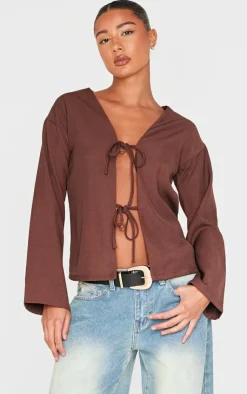 PrettyLittleThing Shirts*Woven Tie Front Flared Sleeve Shirt