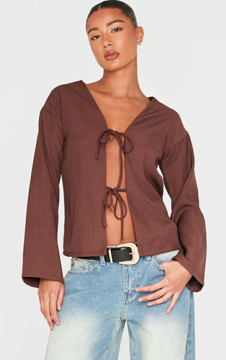 PrettyLittleThing Shirts*Woven Tie Front Flared Sleeve Shirt