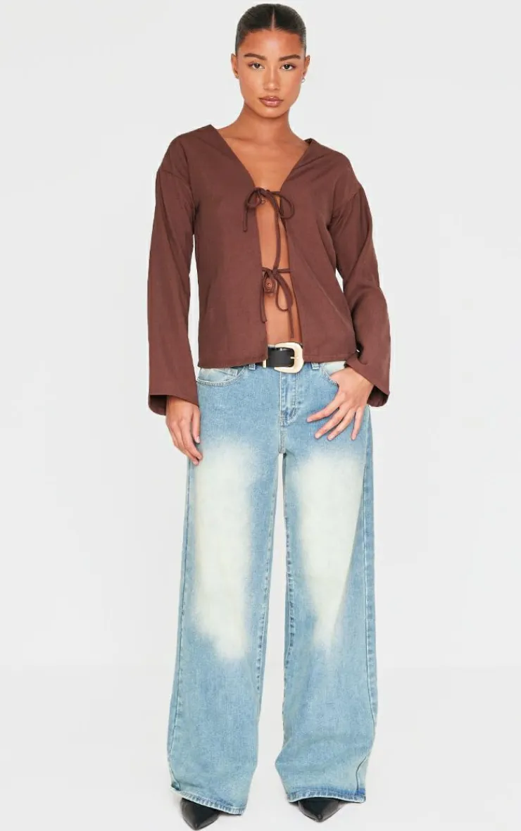 PrettyLittleThing Shirts*Woven Tie Front Flared Sleeve Shirt