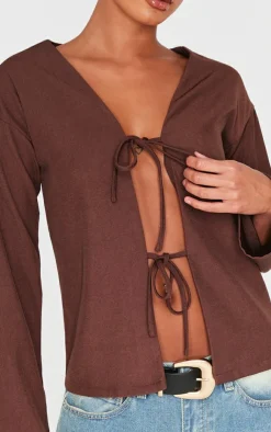 PrettyLittleThing Shirts*Woven Tie Front Flared Sleeve Shirt