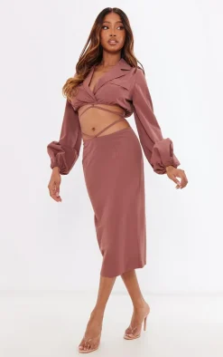 Online PrettyLittleThing Woven Tie Waist Midi Skirt Brown