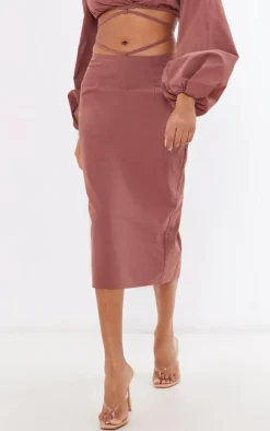 Online PrettyLittleThing Woven Tie Waist Midi Skirt Brown