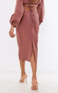 Online PrettyLittleThing Woven Tie Waist Midi Skirt Brown