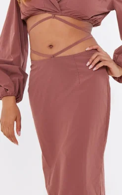 Online PrettyLittleThing Woven Tie Waist Midi Skirt Brown