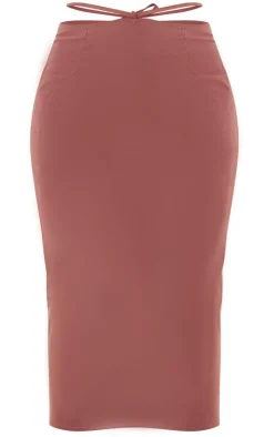 Online PrettyLittleThing Woven Tie Waist Midi Skirt Brown