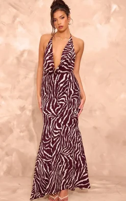 Zebra Print Open Back Halter Neck Maxi Dress-PrettyLittleThing Online
