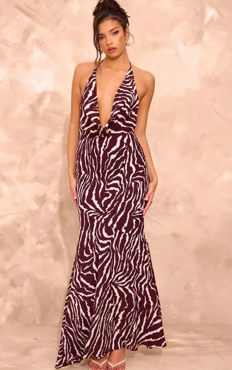 Zebra Print Open Back Halter Neck Maxi Dress-PrettyLittleThing Online