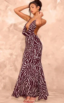 Zebra Print Open Back Halter Neck Maxi Dress-PrettyLittleThing Online
