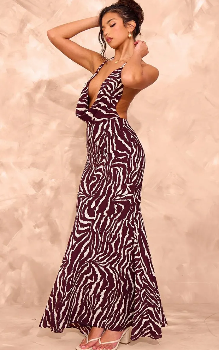 Zebra Print Open Back Halter Neck Maxi Dress-PrettyLittleThing Online