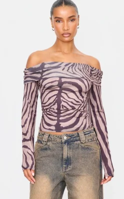 PrettyLittleThing Shirts*Zebra Print Slinky Bardot Long Sleeve Long Top