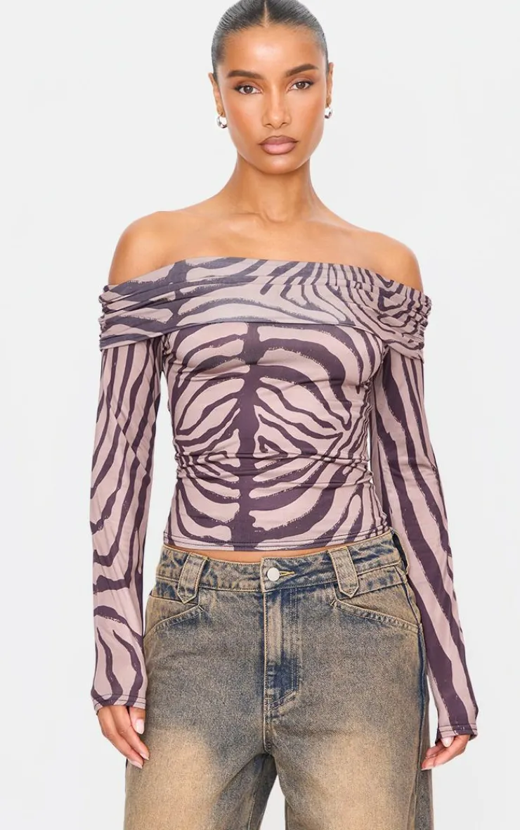 PrettyLittleThing Shirts*Zebra Print Slinky Bardot Long Sleeve Long Top