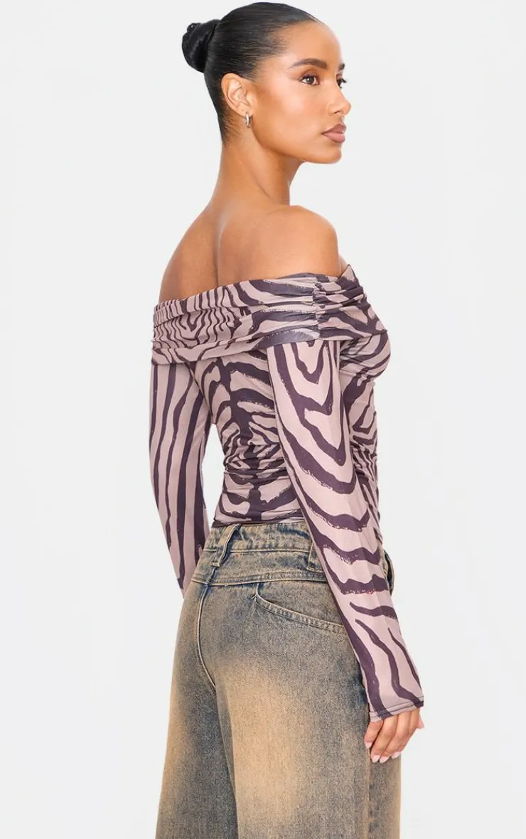 PrettyLittleThing Shirts*Zebra Print Slinky Bardot Long Sleeve Long Top