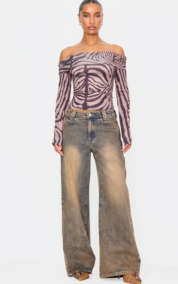 PrettyLittleThing Shirts*Zebra Print Slinky Bardot Long Sleeve Long Top