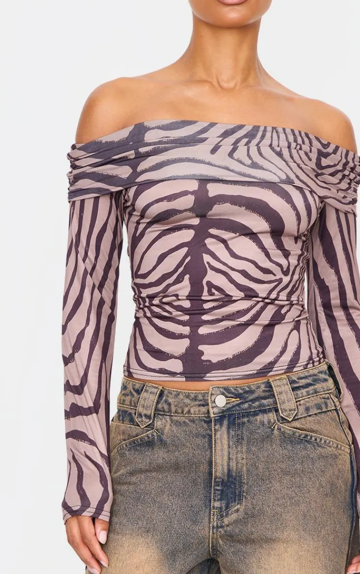 PrettyLittleThing Shirts*Zebra Print Slinky Bardot Long Sleeve Long Top