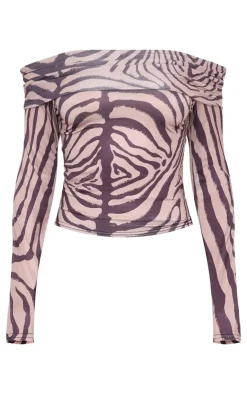 PrettyLittleThing Shirts*Zebra Print Slinky Bardot Long Sleeve Long Top