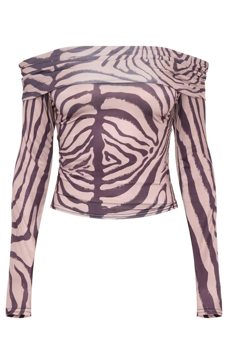 PrettyLittleThing Shirts*Zebra Print Slinky Bardot Long Sleeve Long Top