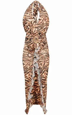Zebra Printed Mesh Halter Neck Midaxi Dress-PrettyLittleThing Hot