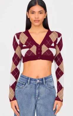 PrettyLittleThing Cardigans*Argyle Jacquard Knitted V Neck Cropped Cardigan
