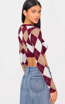 PrettyLittleThing Cardigans*Argyle Jacquard Knitted V Neck Cropped Cardigan