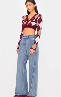 PrettyLittleThing Cardigans*Argyle Jacquard Knitted V Neck Cropped Cardigan